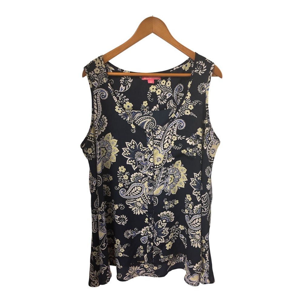 Women's Sleeveless Blouse by Woman Within Size 18/20 Navy Yellow Paisley